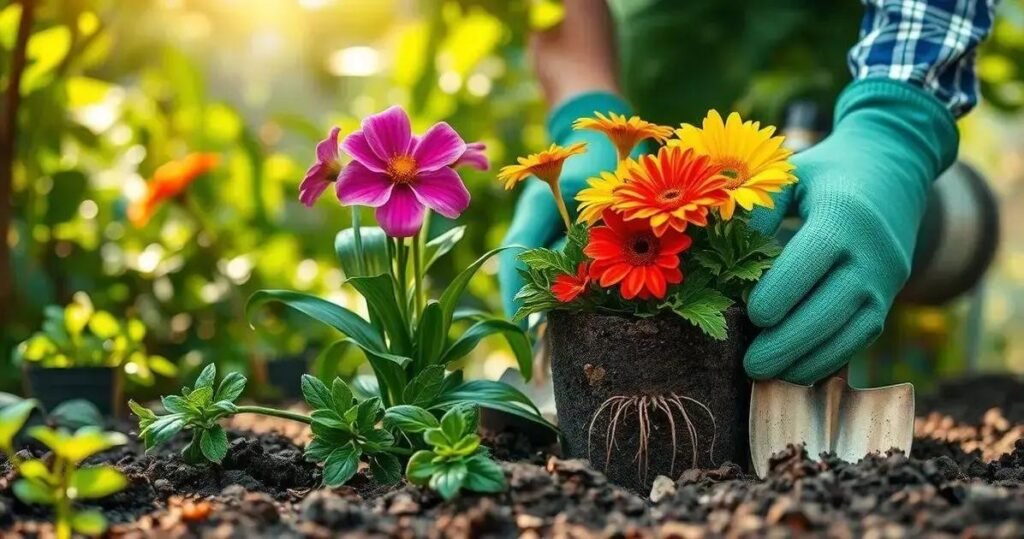 como transplantar flores de vaso