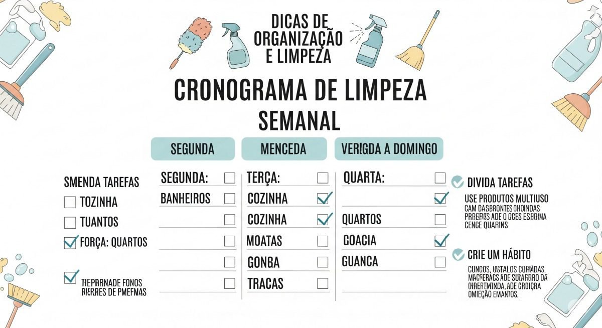 Cronograma de limpeza semanal: modelo visual para organizar a faxina da casa e economizar tempo. Dicas de organização e limpeza.