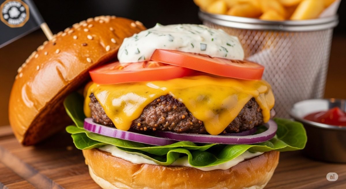 Hambúrguer caseiro suculento com tempero secreto, queijo derretido e ingredientes frescos. Receita de hambúrguer gourmet.