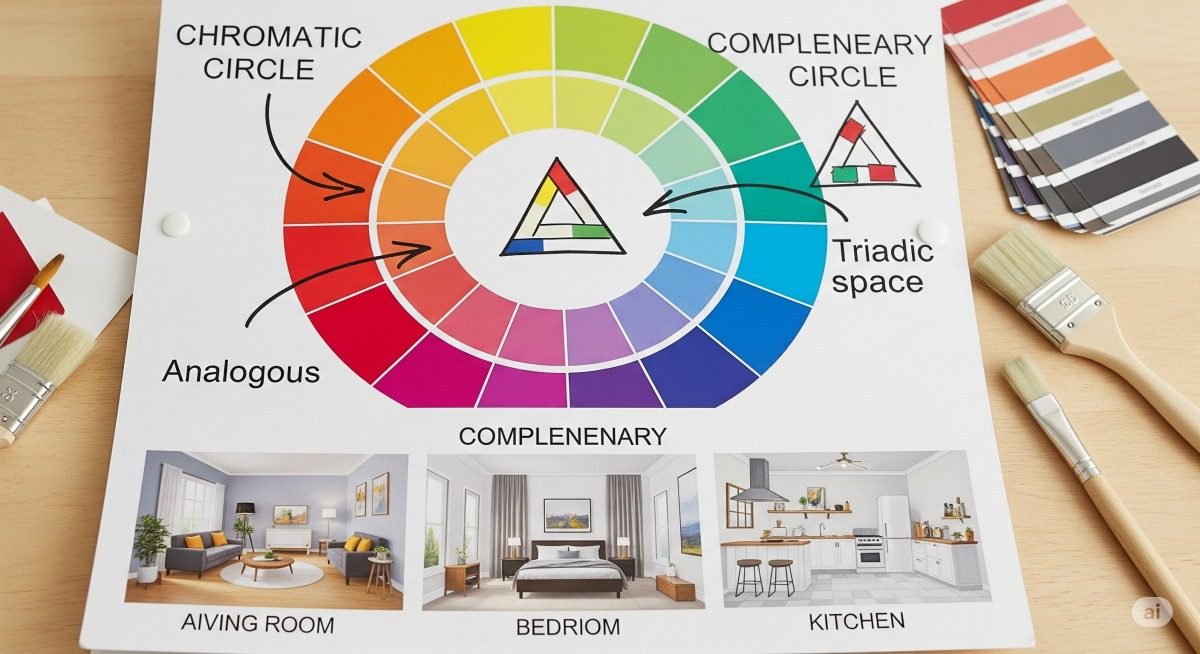 Círculo cromático: guia de combinações de cores análogas, complementares e triádicas para decoração de interiores