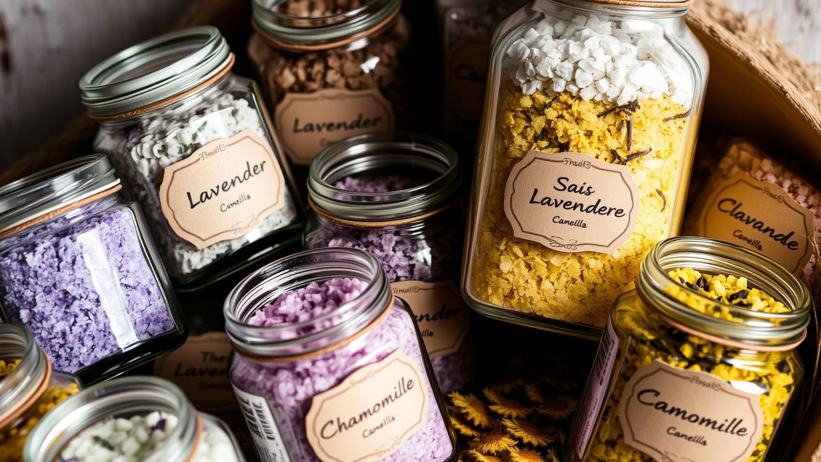 Potes de sais de banho artesanais com diferentes combinações de ervas para diversos benefícios