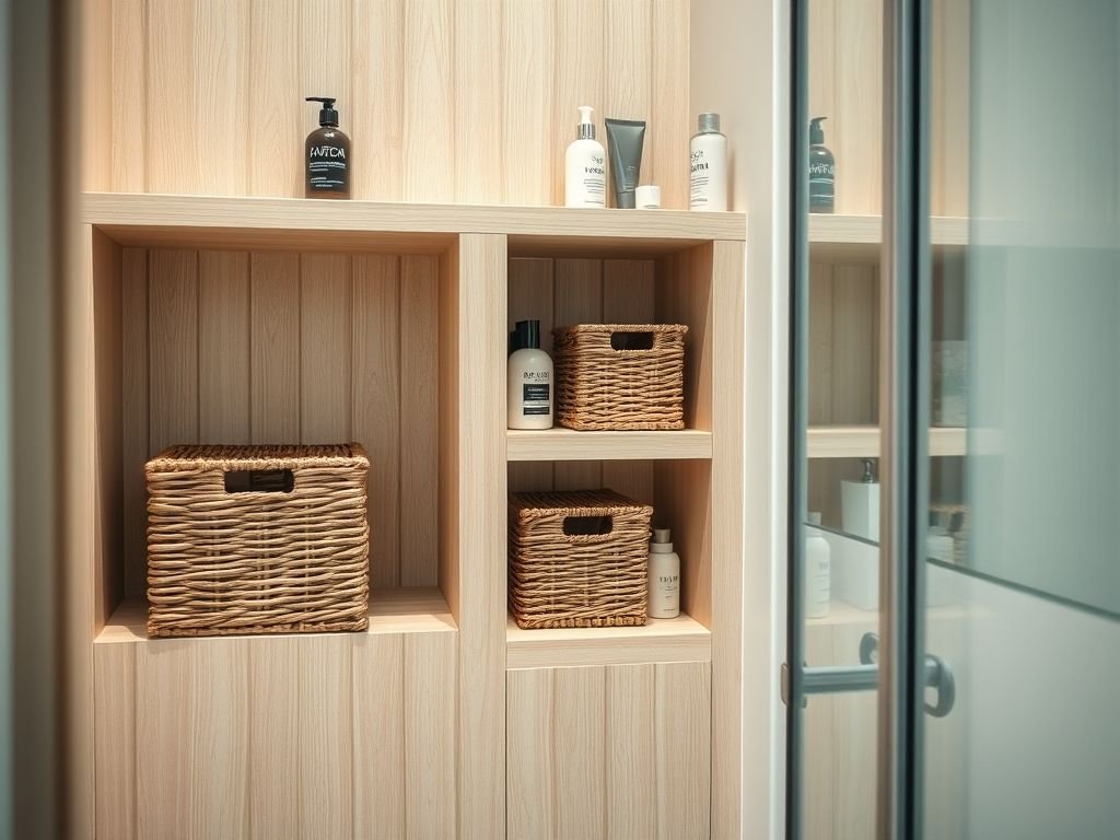 Ideias criativas de armazenamento vertical para otimizar o espaço em banheiros pequenos, com prateleiras, nichos e cestos organizadores.