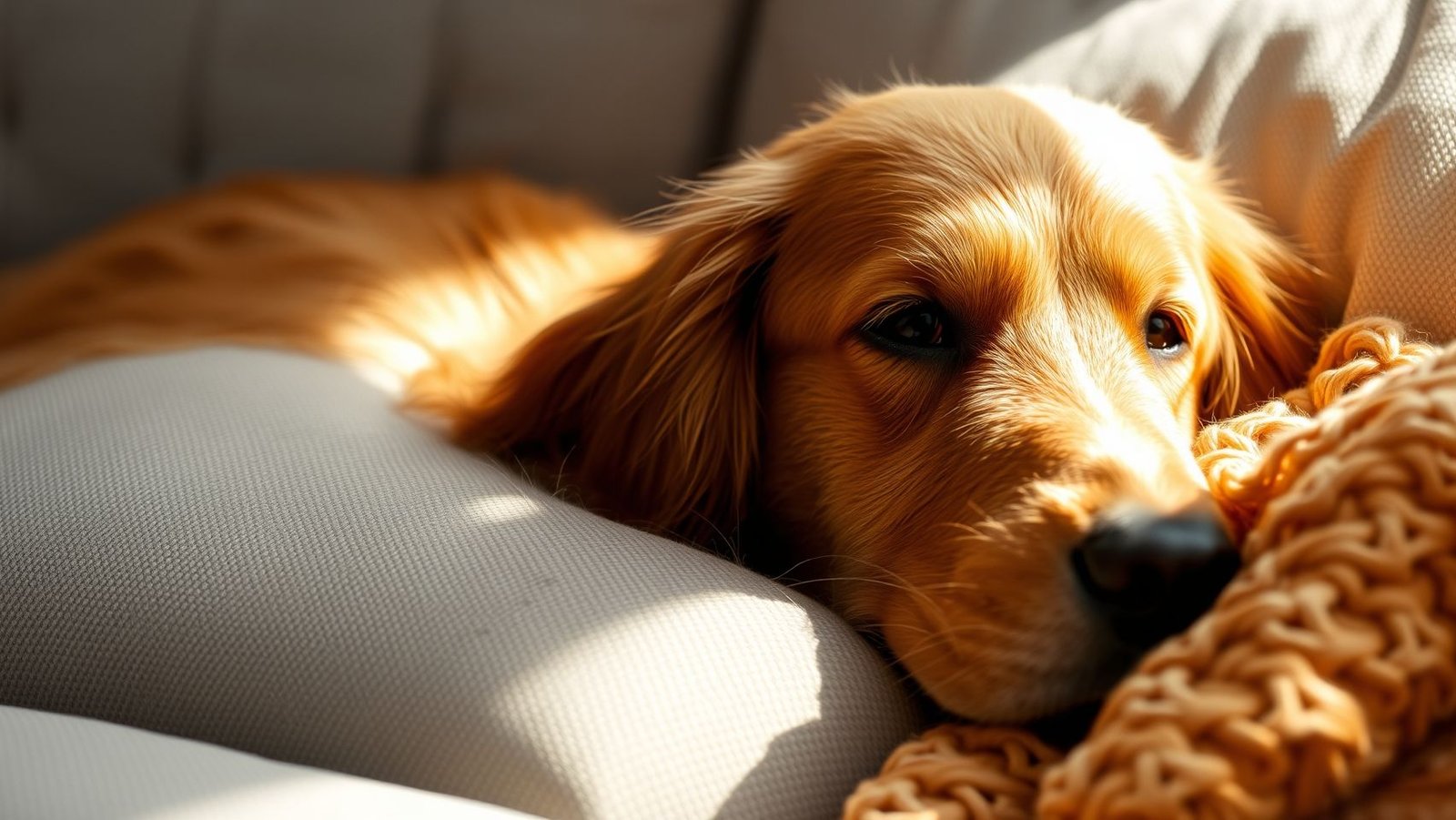 Cachorro Golden Retriever relaxando no sofá cinza - Dicas para eliminar o cheiro de cachorro do sofá