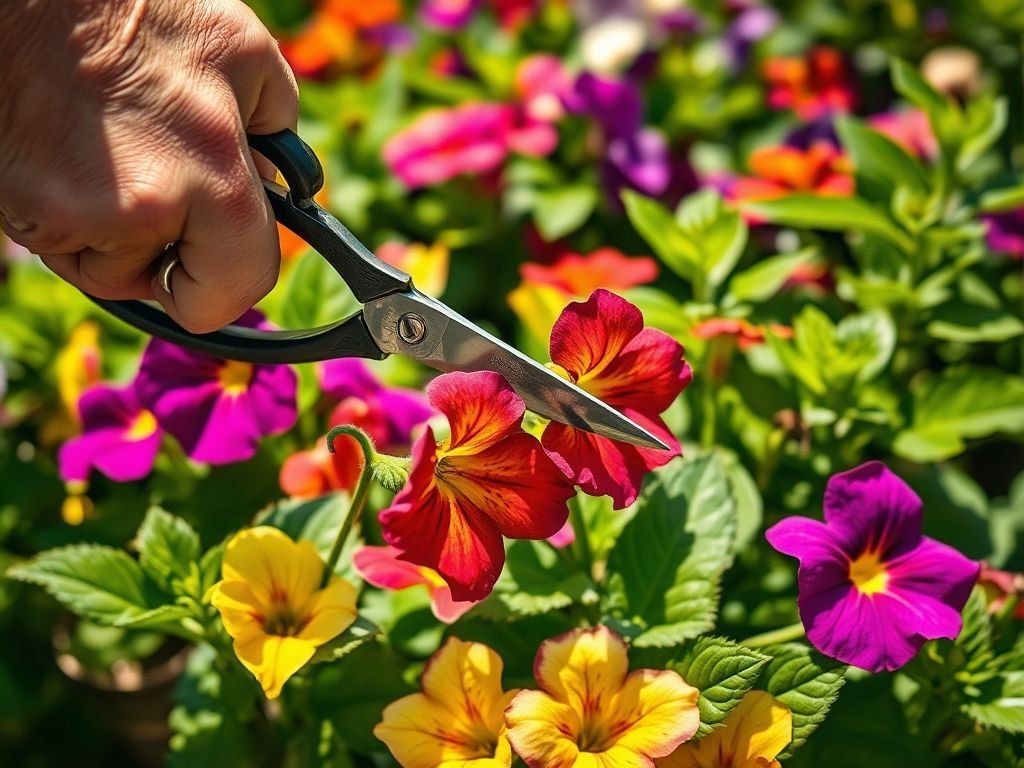 Poda de petúnias em jardineira para remover flores murchas e estimular a produção de novas flores, mantendo a planta saudável e bonita.