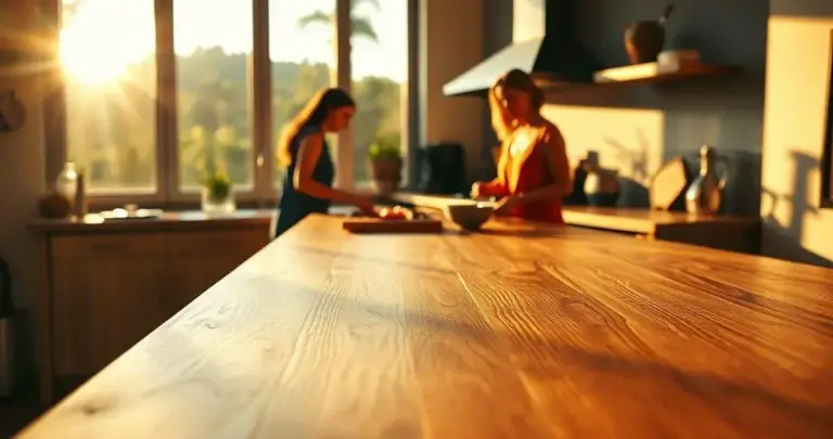cozinha com bancada de madeira