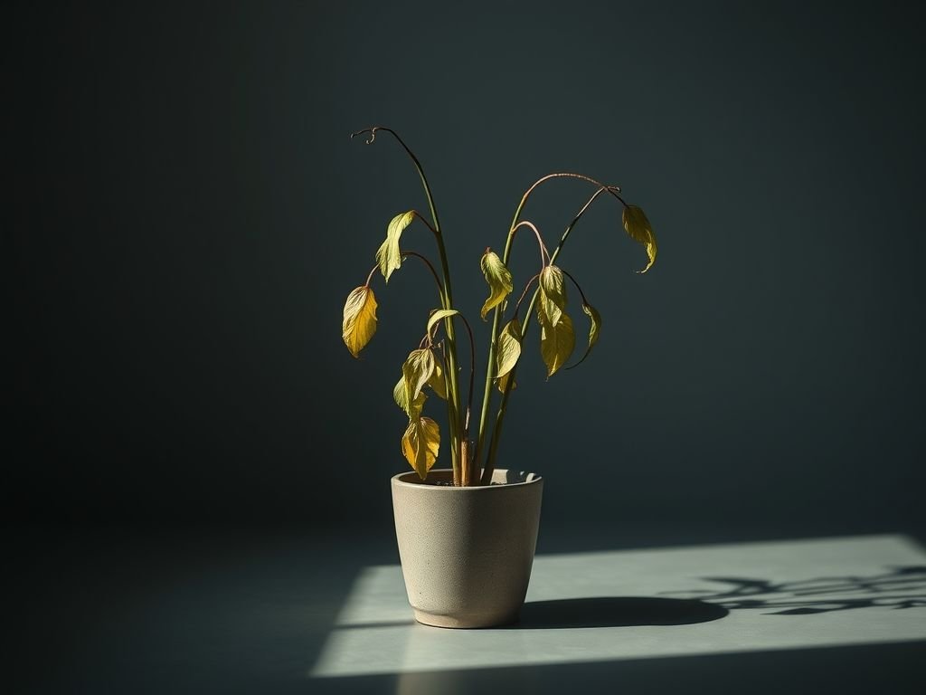 Planta com sinais de falta de luz: folhas amareladas e caules alongados.