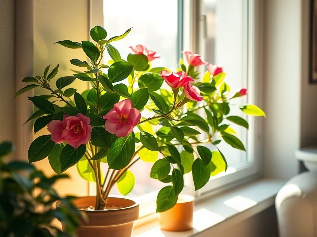 Rosa do deserto florida no inverno com auxílio de luz natural e artificial. Cuidados com a rosa do deserto no inverno.