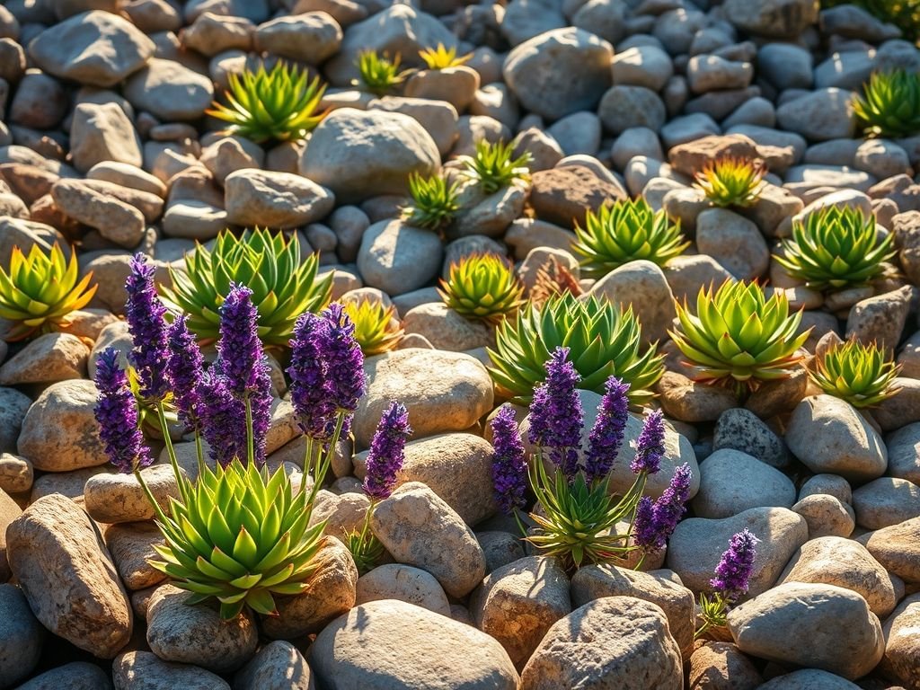 Jardim de pedras com suculentas e lavanda: beleza e cor para seu espaço externo.