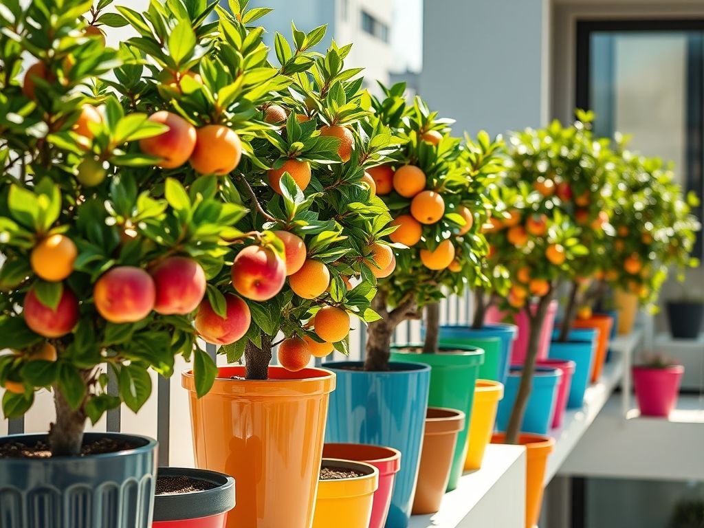 Pomar urbano em vasos: árvores frutíferas anãs repletas de frutas frescas em uma varanda ensolarada.