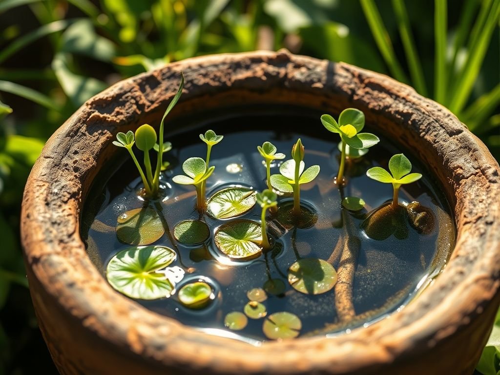Mini lago de plantas aquáticas em vaso no jardim: relaxamento e beleza natural em casa