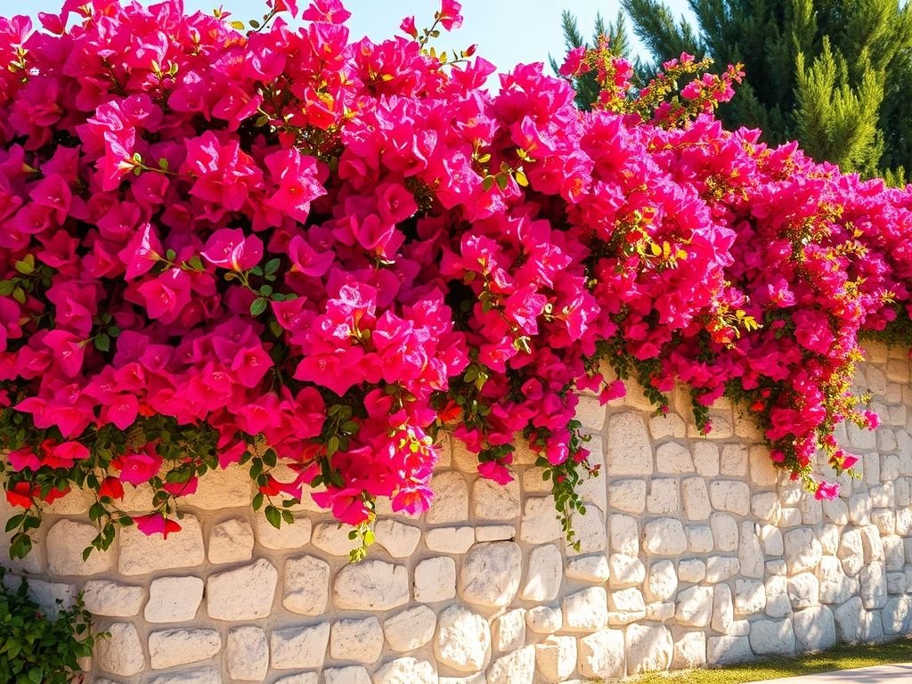 Buganvílias: muro coberto de flores rosa, laranja e roxo em jardim mediterrâneo