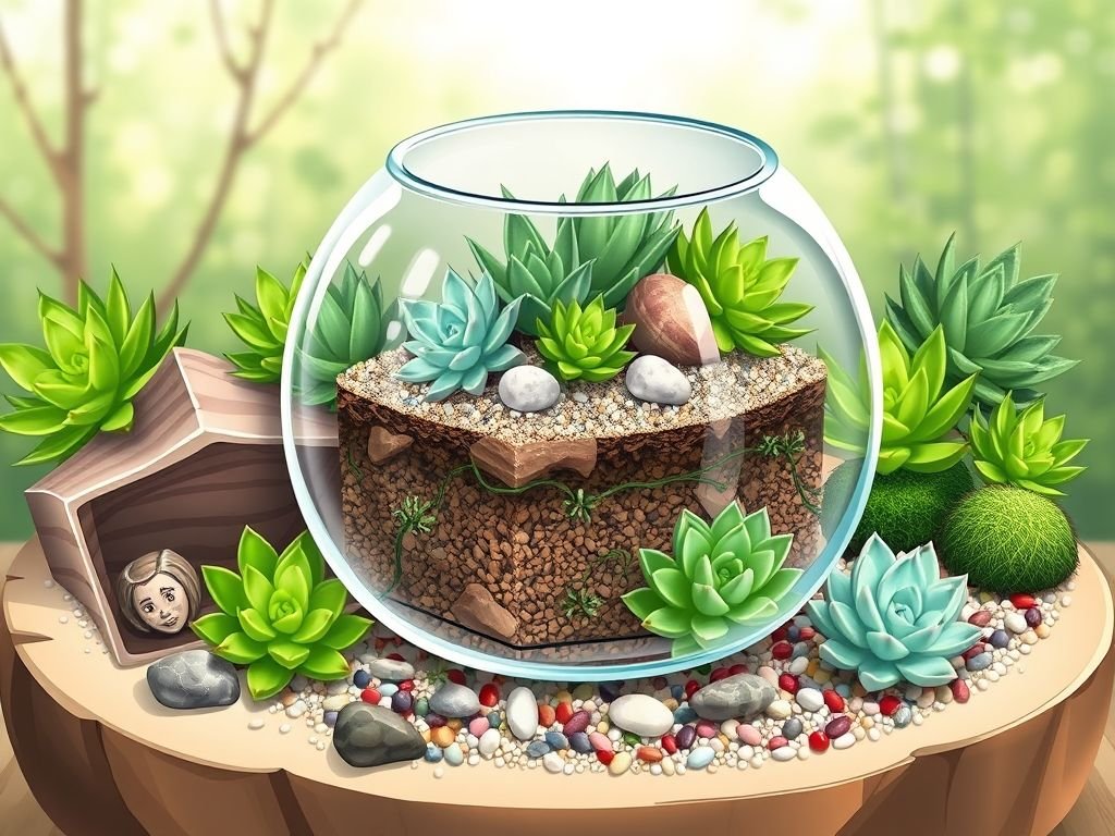 Lista de materiais para terrário de suculentas: recipiente de vidro, pedras, substrato, suculentas e decoração