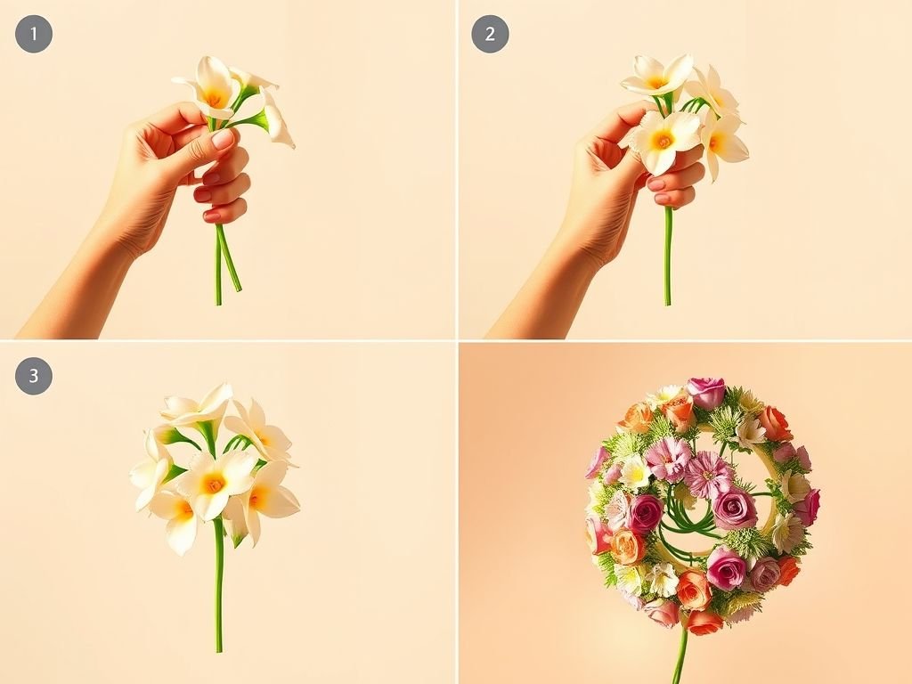 Passo a passo ilustrado para montar um buquê de flores em espiral de forma fácil e rápida