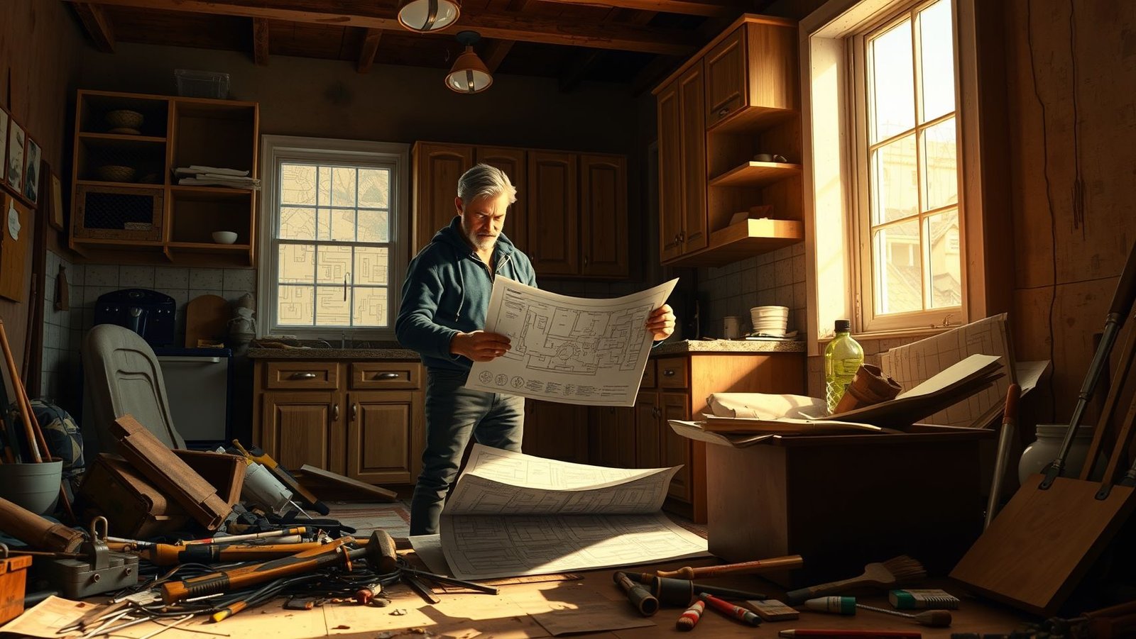 Reforma de cozinha caótica: Imagem ilustrativa de falta de planejamento em reformas de cozinhas. Evite erros e planeje sua reforma com sucesso! #reformacozinha #planejamento #errosnareforma