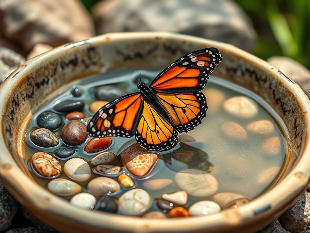 Bebedouro para borboletas: Água fresca, pedras para pousar e borboleta monarca se hidratando