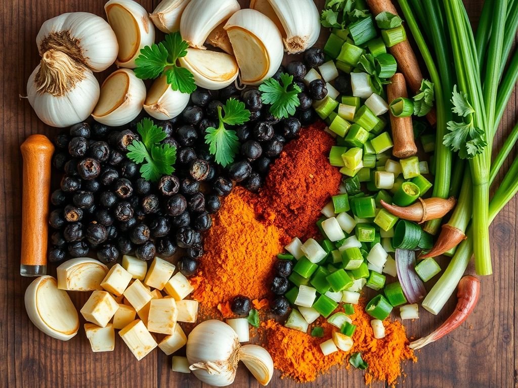 Ingredientes frescos para o tempero Edu Guedes: alho, cebola, pimenta do reino, salsinha, cebolinha, páprica, cúrcuma. Receita caseira com especiarias naturais.