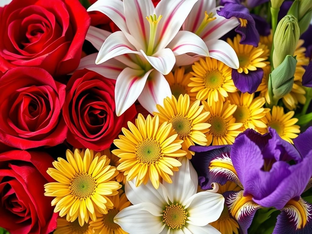 Variedade de flores frescas para buquês: rosas, lírios, margaridas, girassóis e gérberas para todas as ocasiões