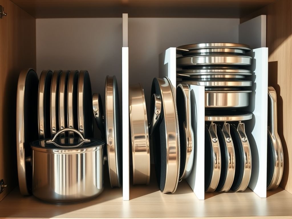 Armário de cozinha organizado com divisores para panelas e porta-tampas: organização de cozinha