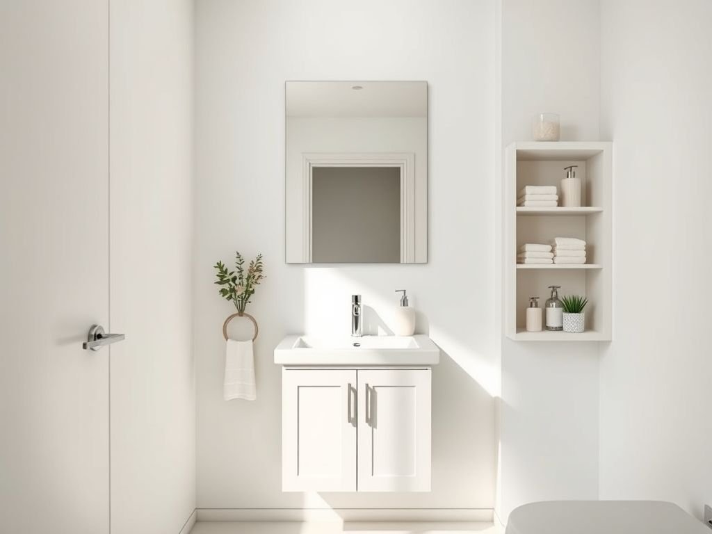 Banheiro pequeno decorado com soluções inteligentes de otimização de espaço, cores claras e móveis multifuncionais.