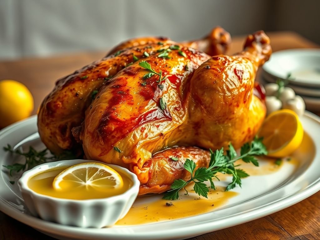 Delicioso frango assado ao limão com ervas frescas, pronto para servir e impressionar seus convidados