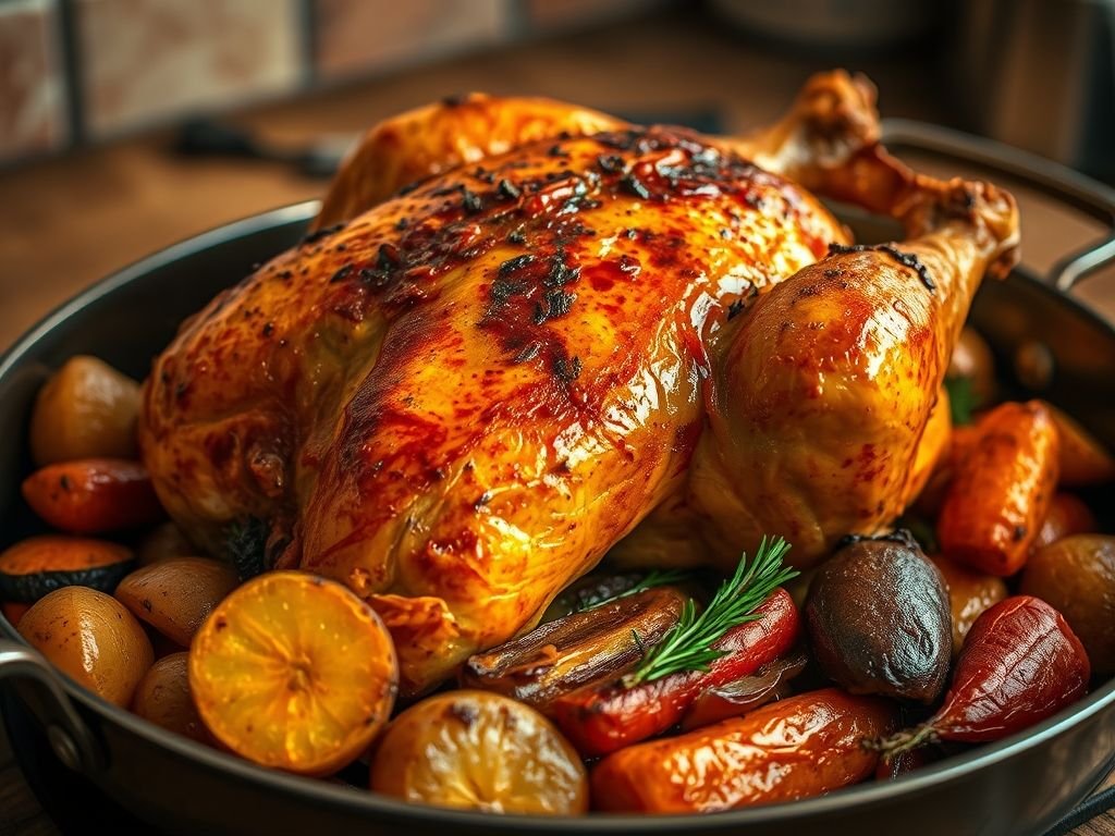 Frango assado com casquinha crocante e temperos aromáticos. Receita fácil de frango assado perfeito.