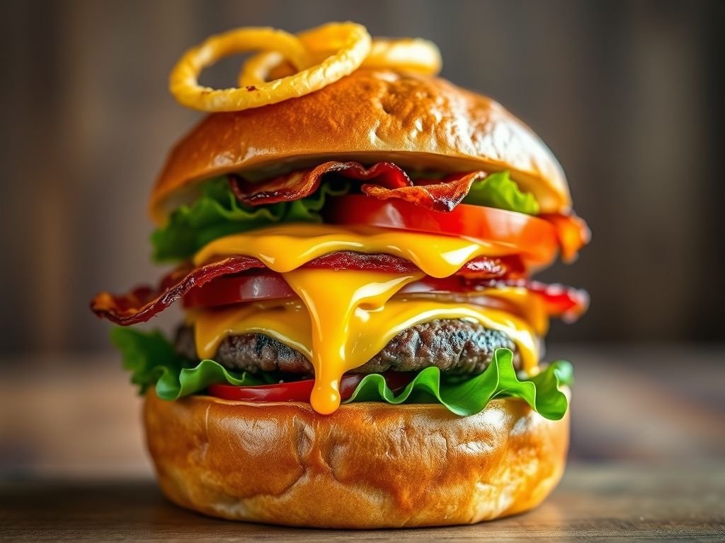 Hambúrguer montado com queijo cheddar, bacon, alface, tomate, onion rings e molho. Acompanhamentos para hambúrguer gourmet.