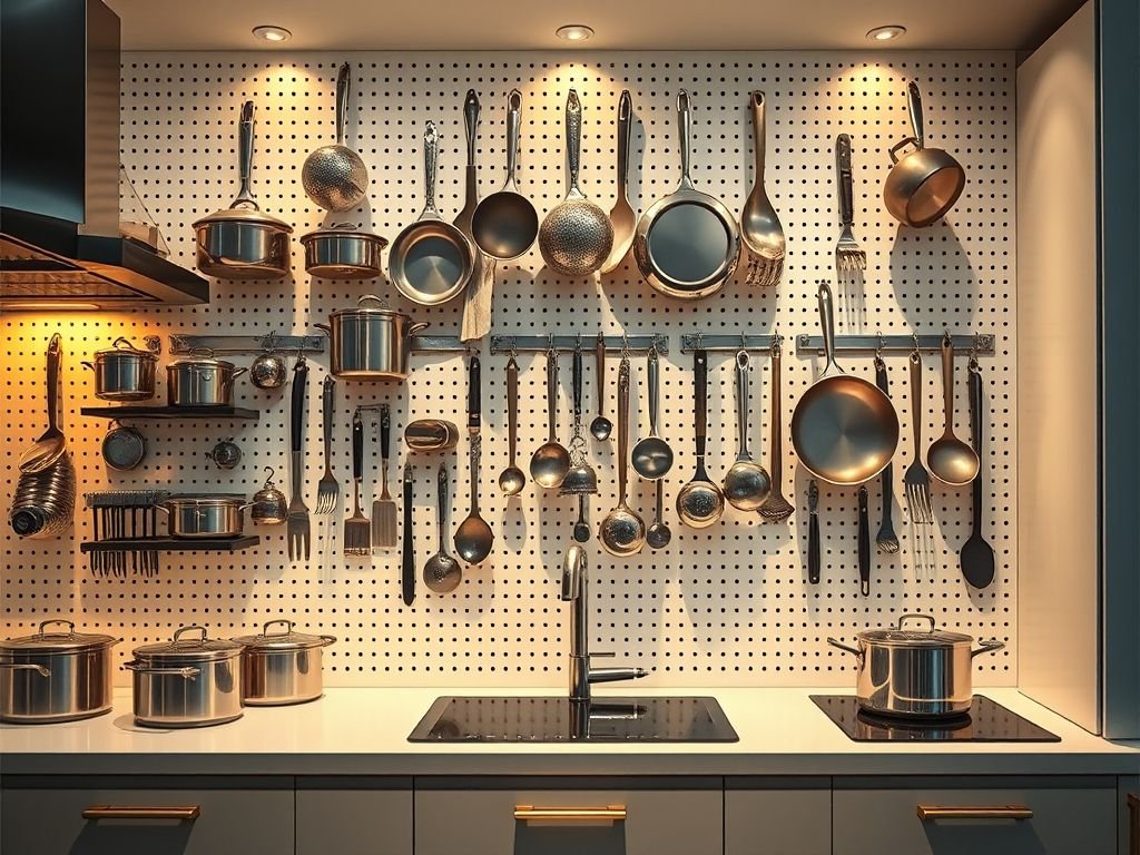 Painel perfurado (pegboard) com panelas e utensílios: organização criativa de cozinha