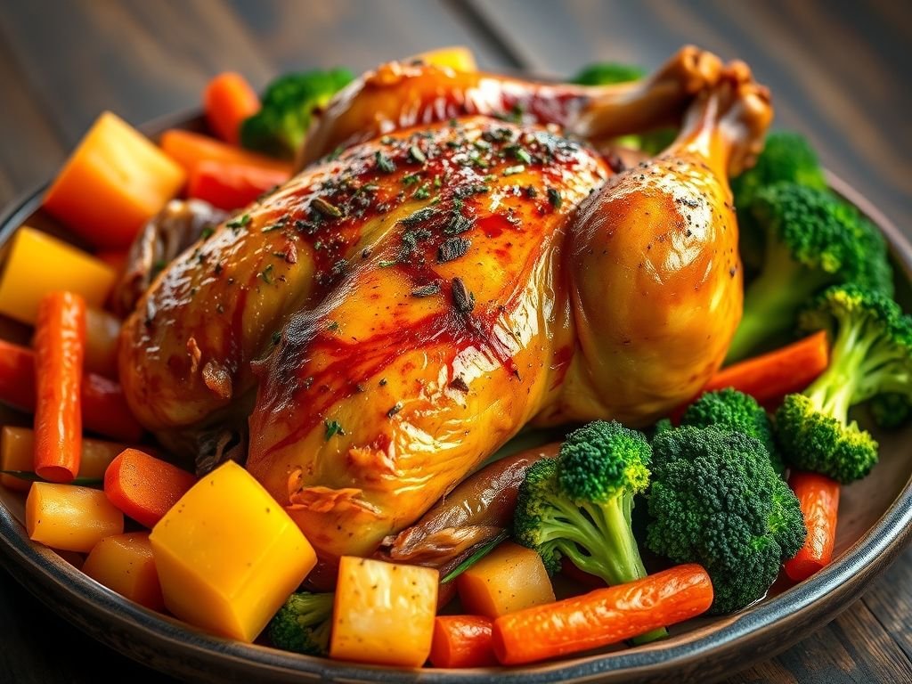 Frango assado com tempero Edu Guedes e legumes: receita fácil e saborosa para o dia a dia. Prato caseiro com especiarias.