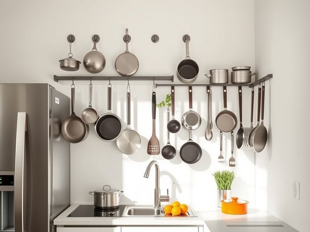 Cozinha pequena com panelas penduradas em ganchos: otimização de espaço e organização