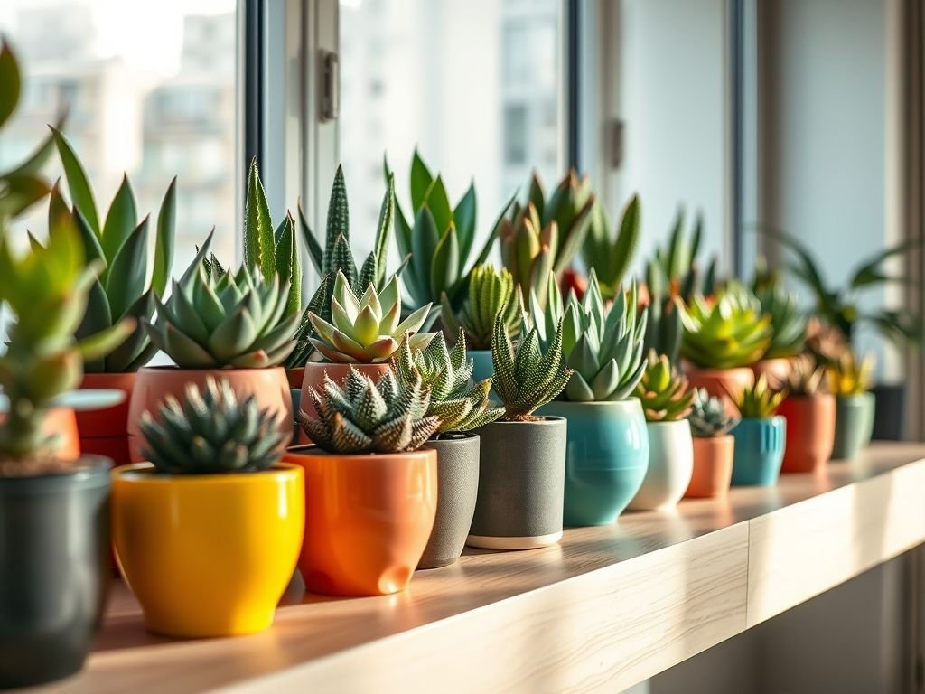 Variedade de suculentas para ambientes internos: Echeveria, Haworthia, Sansevieria. Dicas de jardinagem para apartamento.