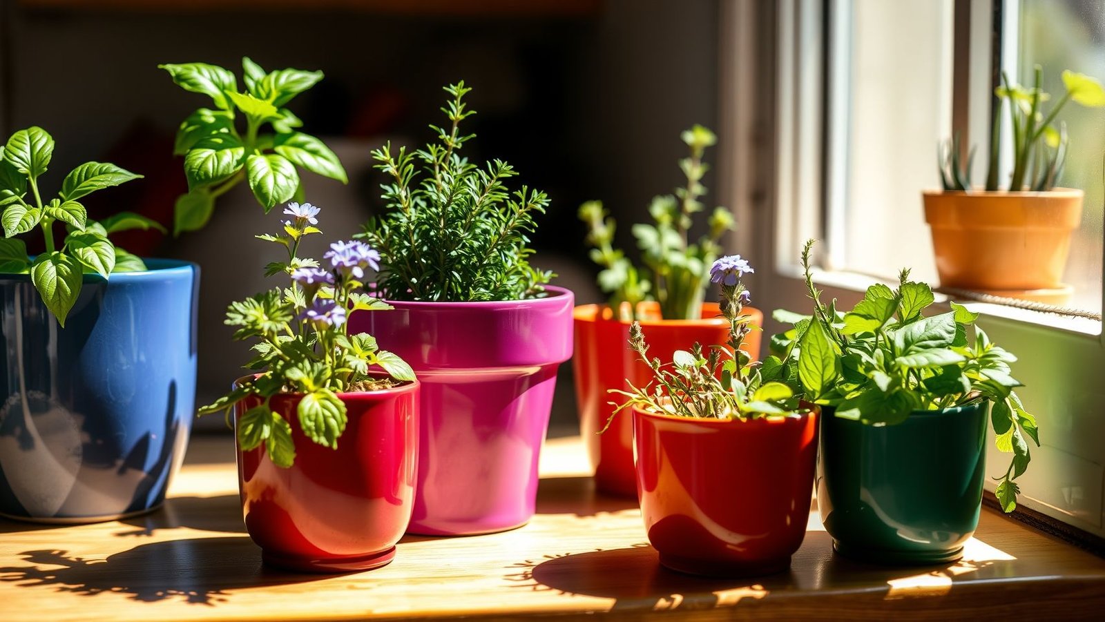 Jardim de ervas finas em vasos na janela da cozinha: manjericão, alecrim e hortelã.