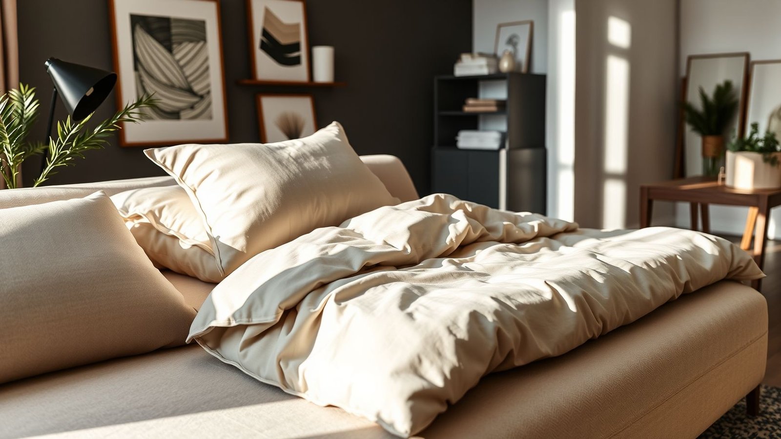 Sofá-cama em studio: móvel multifuncional para otimizar espaço em apartamentos pequenos. Design de interiores inteligente.