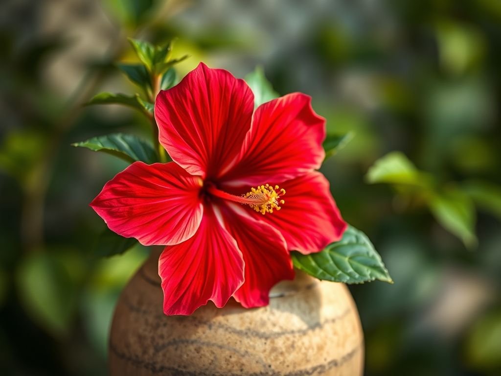 Flor de hibisco vermelha vibrante em vaso, cultivada em casa. Dicas de jardinagem para ter hibiscos floridos o ano todo.
