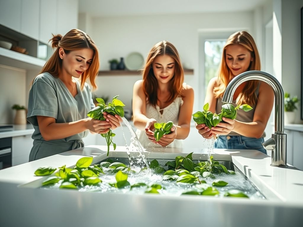 Lavando manjericão fresco na cozinha: Preparando temperos para conservação e uso culinário.