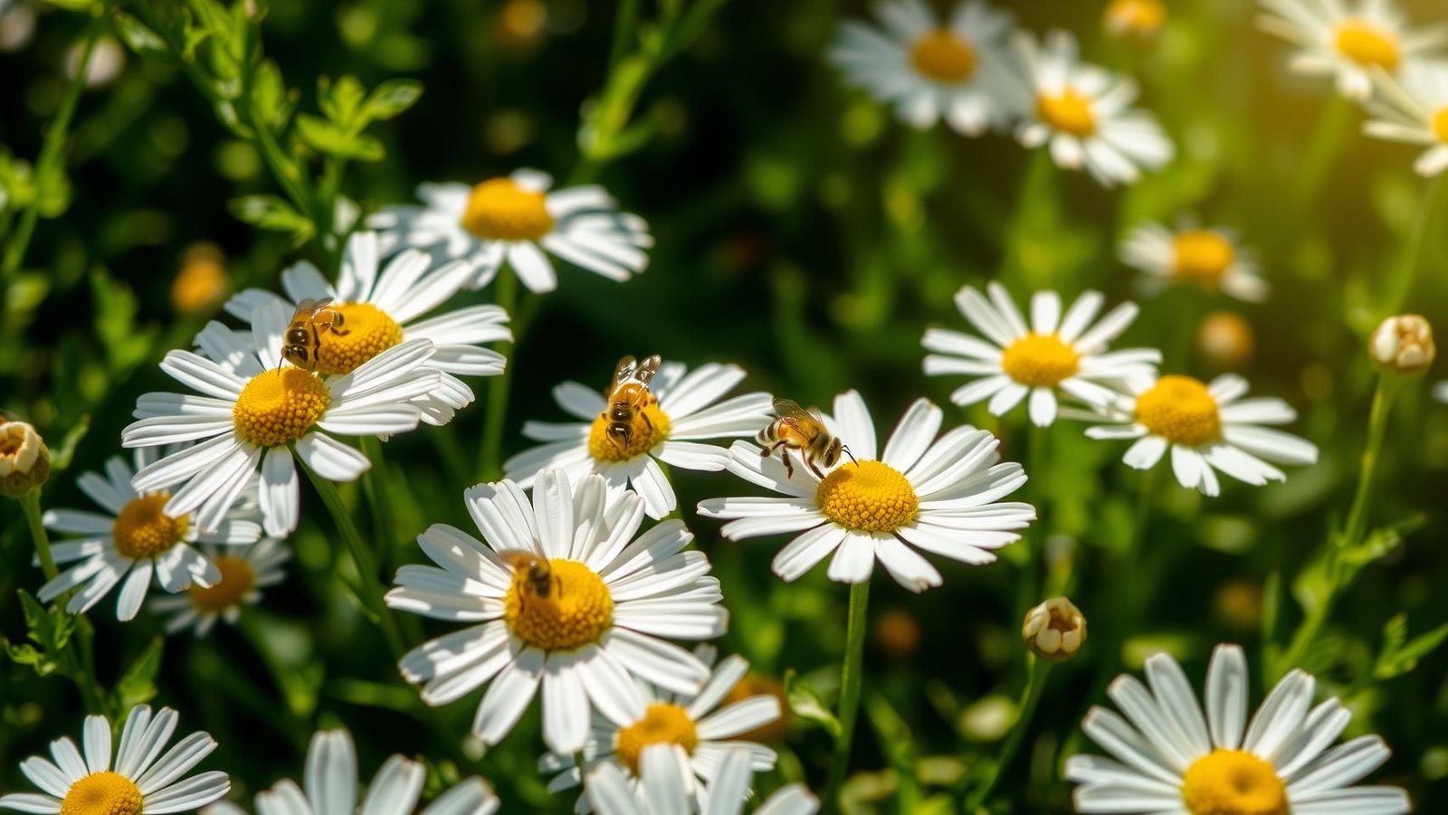 Jardim de camomila em floração atraindo abelhas, ideal para chá fresco e benefícios naturais. Aprenda como plantar camomila em casa.