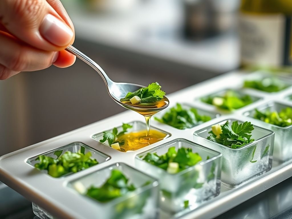 Congelando temperos em cubos de gelo com azeite: Método prático para ter temperos sempre à mão.