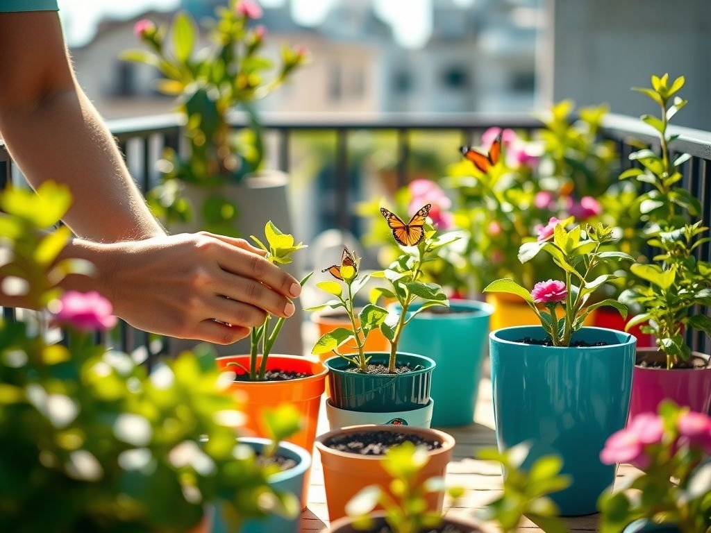 Plantio de flores para atrair borboletas em vasos na varanda, jardinagem, mãos cuidando das plantas, processo de plantio, jardinagem urbana