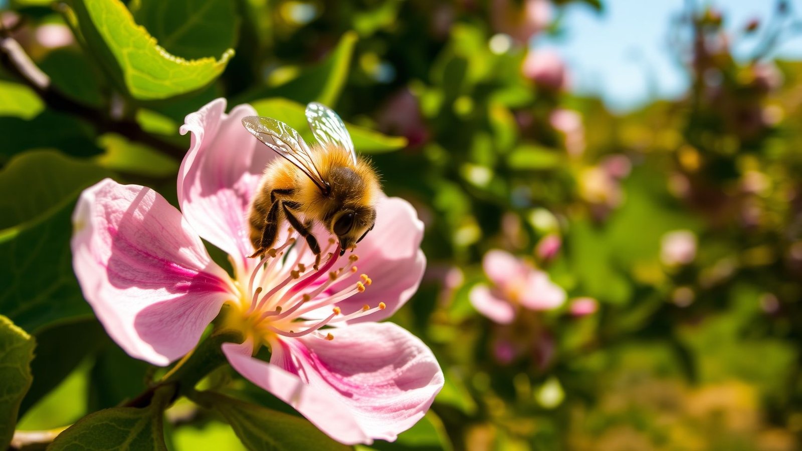 Polinização cruzada maçã: abelha polinizando flor de macieira. Dica para pomar produtivo.