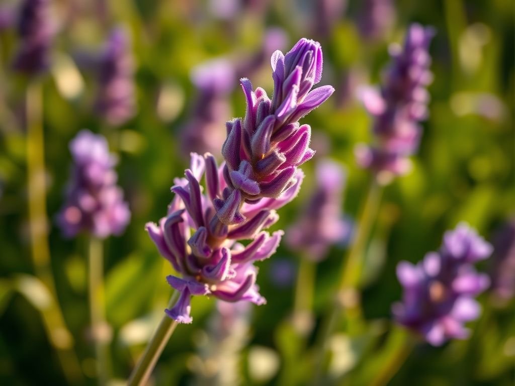 Lavanda: flor roxa vibrante em jardim mediterrâneo, com abelha coletando pólen