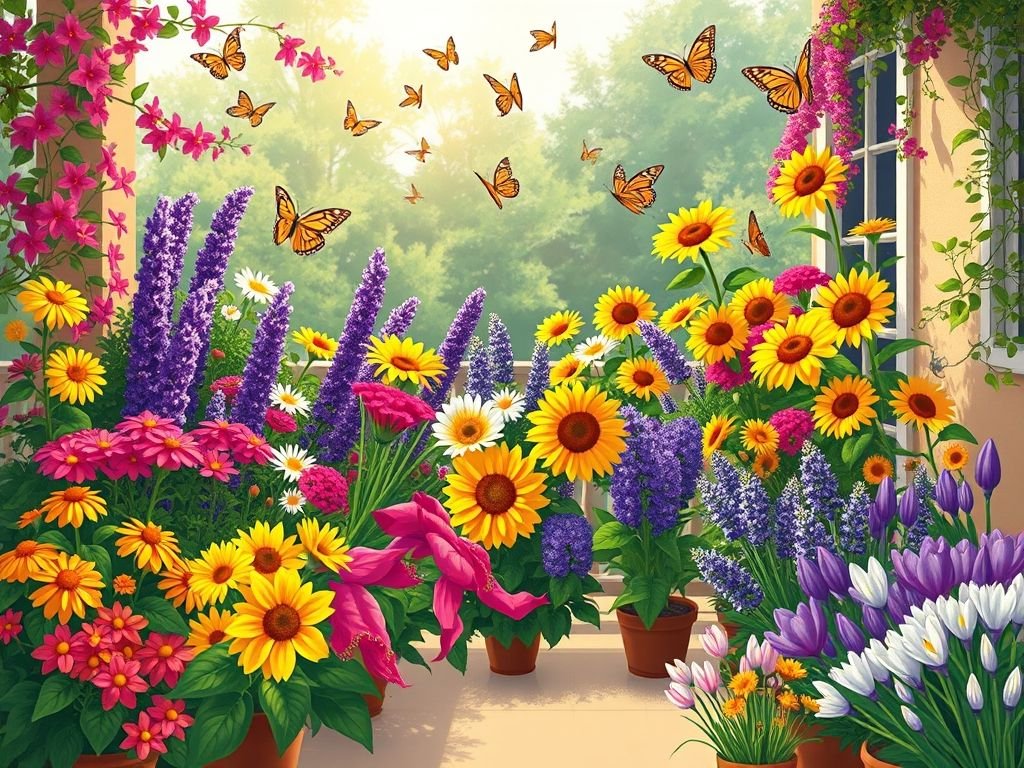 Jardim de varanda com flores atrativas para borboletas, Lantana, Margarida, Lavanda, Bougainvillea, Girassol, Cravina, polinização, biodiversidade urbana