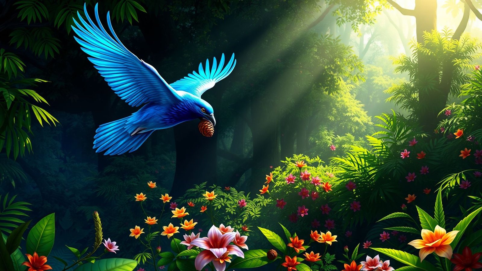 Ilustração da lenda da Gralha Azul plantando araucárias. Desenho da natureza. Lendas da Araucária.