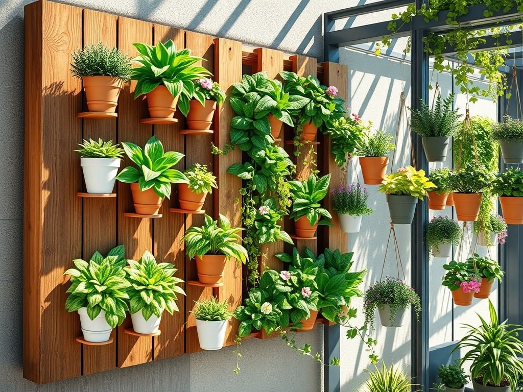 Tipos de estruturas para horta vertical: painel de madeira, palete, vasos pendurados e garrafas PET reaproveitadas.