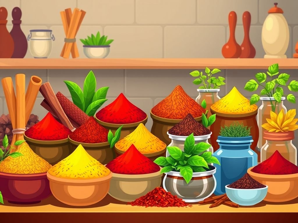 Especiarias para peixe: curry, páprica defumada, pimenta calabresa e outros temperos para um sabor exótico