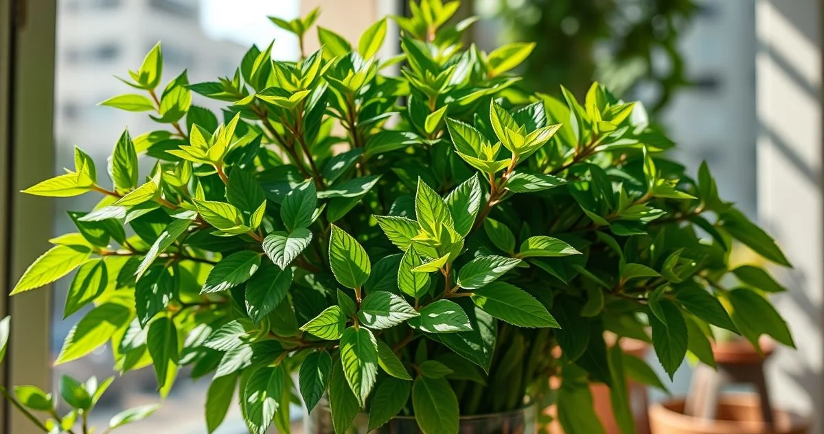 Fotografia close-up de um vaso de manjericão verde exuberante em uma varanda ensolarada no Brasil