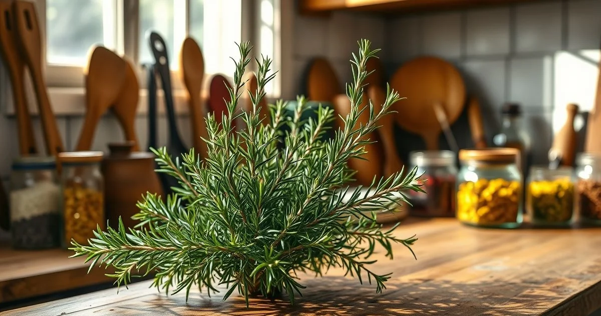 Fotografia realista e profissional de um vaso de alecrim exuberante em uma bancada de cozinha ens...