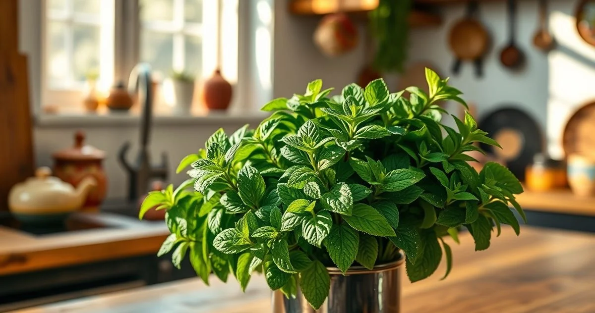 Fotografia realista e profissional de um vaso de hortelã exuberante em uma bancada de cozinha il...