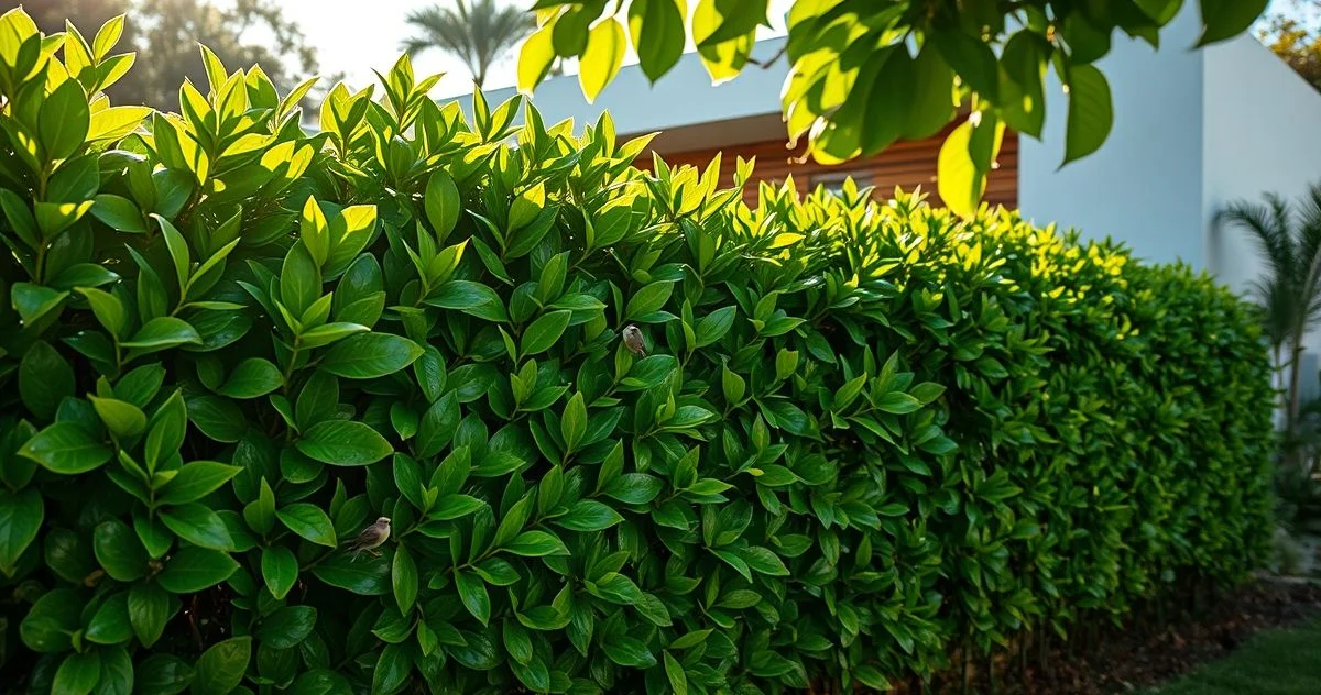 Fotografia realista e profissional de uma cerca viva exuberante de Clúsia em um jardim brasileir...