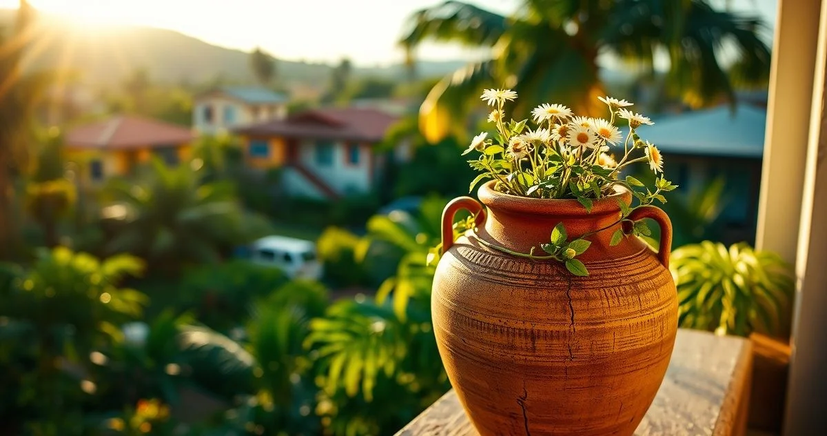 Fotografia realista de um vaso de cerâmica rústica com mudas de camomila crescendo em uma varan...