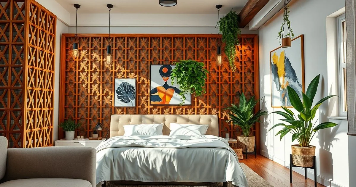 Imagem realista de um studio com divisória de madeira vazada separando a área de estar do quarto