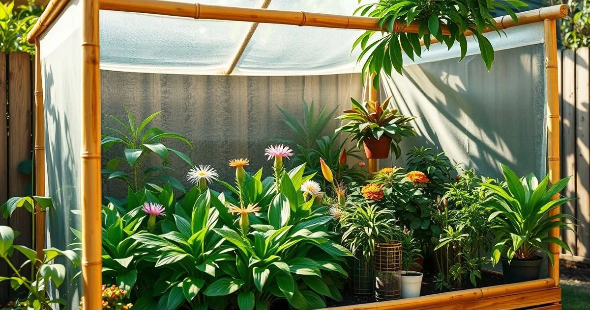 mini estufa para horta com tela sombrite e estrutura de bambu